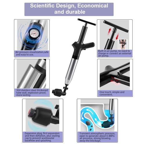 Image of High Pressure Air Pump Plunger for Toilet,Air Drain Blaster,Toilet Plunger,Clog Remover,with Toilet Brush Set and Drain Snake (blue)