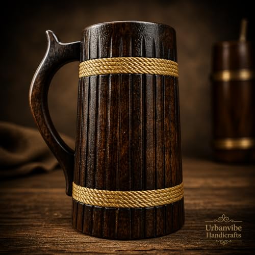 Image of Handmade Wooden Beer Mug, Wood with Sheesham Finish, Barrel Style, Lightweight & Durable, for Craft Beer, Home Bar, Cafe, Party, Gift(350ml) (Thin Verticle line)