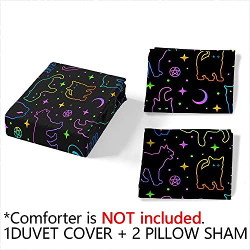 Black Cat Bedding Cartoon Cat Duvet Cover Set Twin Size,Moon Stars Printed Kids Bedding Set For Boys Girls Adults Room Decor 1 Duvet Cover 2 Pillowcases No Comforter,Neon Color Purple Blue Green #TOP5