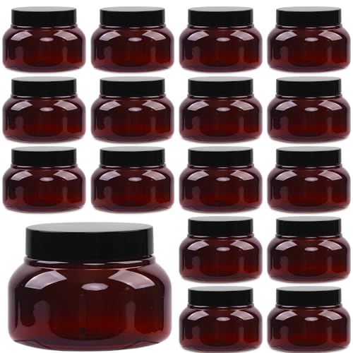 Amber Plastic Jars with Lids, 16 Pack 8 Oz Empty Containers - Refillable Body Scrub Jars, Round Low Profile Containers for Lotions, Body Butter, Sugar Scrub, Cream