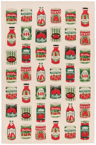Image of Now Designs Pomodori Collection Cotton Dishtowel, Vintage Market Style, W18 x L28in, Red and Green Pattern