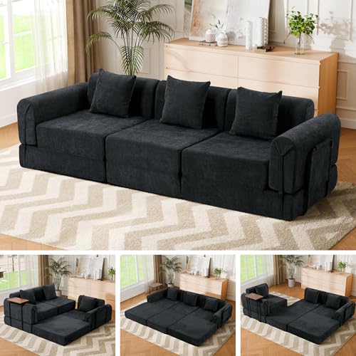 Topcomfy 99.2" Modular Sectional Sofa Bed, Convertible Futon Sleeper Couch with Movable Side Table, Tool-Free Assembly Floor Sofa with Metal Support Frame, Chenille Deep Seat for Living Room Black