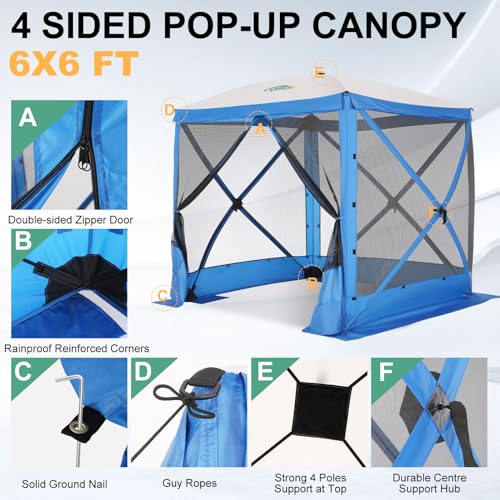 Image of COBIZI 6x6 FT Pop up Gazebo, Popup Canopy Tent, Waterproof Screened in Gazebos,Portable Outdoor Small Screen Tents Sun Shelter,carpas para Patio for Camping, Garden and Backyard,Blue