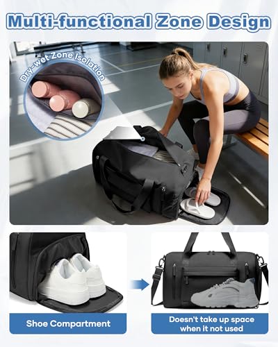 Image of Gym Bag for Women,Travel Duffel Bag with Shoes Compartment Personal Item Carry On Overnight Bag for Mens Weekender Bag Training Handbag Sports Gym Tote Bag Yoga Bag Black