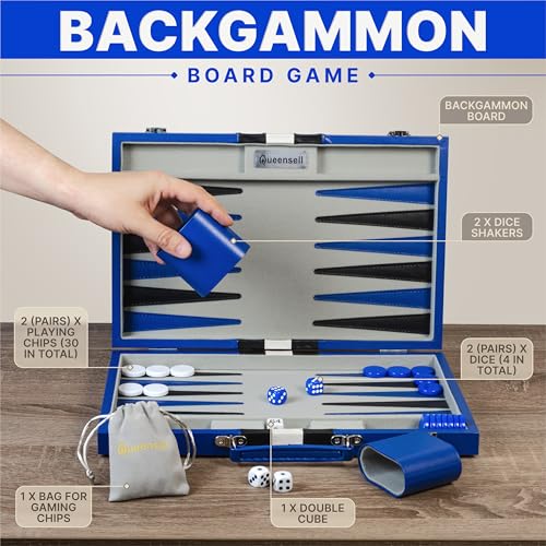 Image of Large Blue Backgammon Sets for Adults - Classic Board Games for 2 Players Adults and Kids - Premium Backgammon Set 15 Inch Board and 32 Backgammon Pieces in Quality PU Leather Case