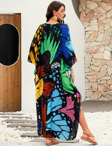 Image of MAKABO Kaftan Dresses for Women, V Neck Moo Moos Colorful Print Cover Ups Caftan Beach Dresses for Swimwear