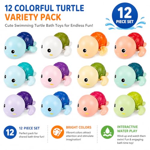 Image of PLUSPOINT Bath Toys for Toddlers | 12 Pack Swimming Turtle Bath Toys | Wind Up Floating Water Toys for Babies & Kids | Bathtub, Pool & Water Play Toys for Boys & Girls 1+ Years