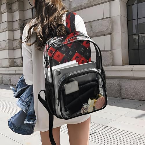 MNSRUU Large Clear Backpack for School Stadium Concerts Sports Events Royal Red Black Diamond Transparent Heavy-Duty PVC Backpack with Adjustable Straps, See-Through Bag Multiple Compartments2