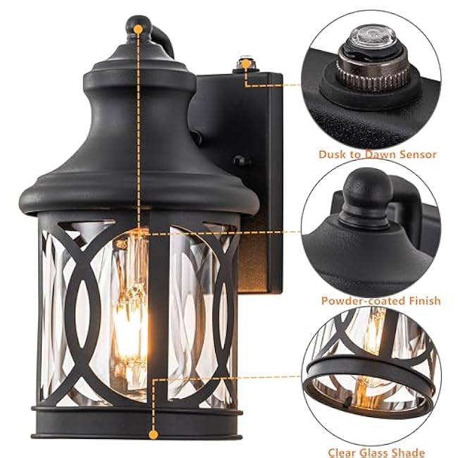 Outdoor Wall Lights with Dusk to Dawn, Exterior Wall Lanterns Lighting Fixtures Porch Sconces Matte Black Wall Mount Outdoor Lights with Photocell for Patio Yard Front Porch Garage, 2-pack