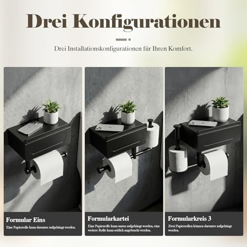 2-in-1 Toilettenpapierhalter Ohne Bohren Schwarz,Klopapierhalter mit Feuchttücherbox,Wc Papier Halterung Rollenhalter mit Kleber,Klorollenhalter mit Ablage für Badezimmer,Toilette