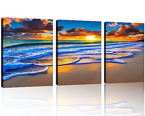 TutuBeer 3 Pcs Wall Decor Beach Ocean Pictures Sunrise over the Beach Pictures Print on Canvas Seascape Canvas Coastal Wall Art Ocean Wall Art Stretched and Framed 16" x32" x 3