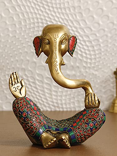 eCraftIndia Handcrafted Meditating Brass Lord Ganesha Idol With Golden Colorful Stone Work, Spiritual Ganesha Statue For Puja Room, Home Decor - Hindu God Idol For Good Luck, Prosperity, Success