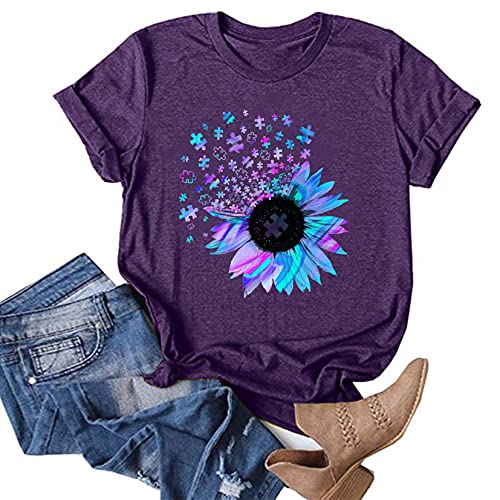 OutTop Graphic Tees for Women Funny Quotes Print Casual Crewneck Short Sleeve T Shirts Solid Loose Tunic Tops Blouse (#04-Purple, L)