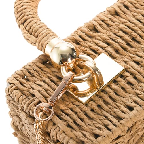 Square Straw Handbag, Vintage Women's Wicker Basket Bag, Handmade Rattan Crossbody Bag, Boho Tote Bag with Detachable Shoulder Strap for Summer Beach Casual Vacation Chic4
