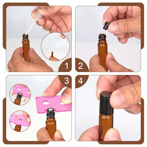 24 Stück Roll on Glasflaschen für Ätherisches Öl, 10ml Roll on Flasche Leer mit Edelstahl-Ball, Braune Rollon Flaschen mit Öffner,Tropfer, Strohhalm, Etiketten für Ätherische Öle, Parfüm, Massage