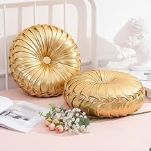 Drydiet Gold Throw Pillows Decorative Round Pillows for Couch 15 Pleated Pumpkin Cushion Smooth Metallic Leather for Home Decor Bedroom Living Room Couch Bed2 Pcs