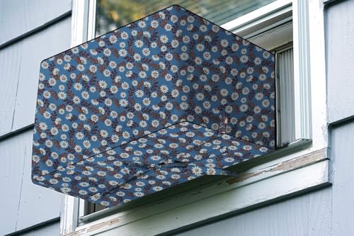 Image of The Furnishing Tree Elastic fit waterproof Polyester window ac cover suitable for Croma 1.5 Ton, Dustproof cover for inner and outer section, In CM: (55.88x71.12x45.72), Floral Pattern Blueish Grey