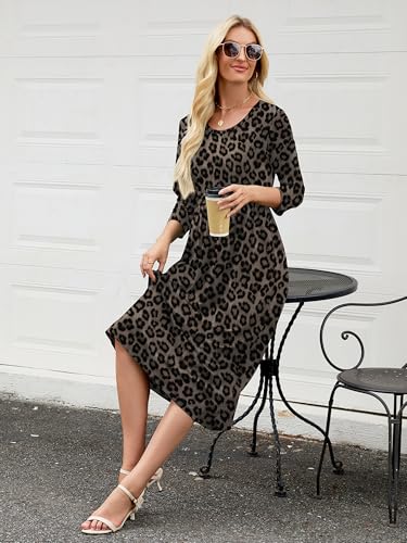 Image of Heymoments Women's Casual 3 /4 Sleeve Midi Dress Crewneck A Line Tiered Flowy Loose Travel Long Dresses with Pockets