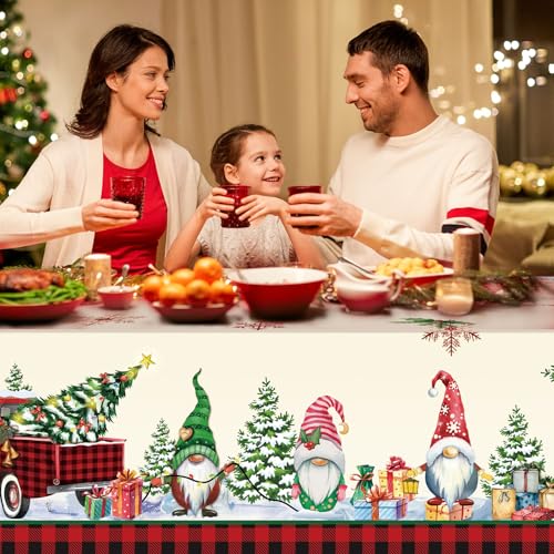 Tiamon Christmas Tablecloth Xmas Table Cover Rectangle Fabric Winter Snowman Gnome Vintage Table Cloth for Farmhouse Decor Holiday Party Supplies(60 x 84 Inch) – Image 6