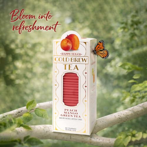 Image of Life Plus Style Gourmet Happy Tea Company Peach Mango Green Tea Naturally Refreshing Cold Brew Tea Low Caffeine No Sugar Added Enjoy 40 Individually Wrapped Iced Tea Bags