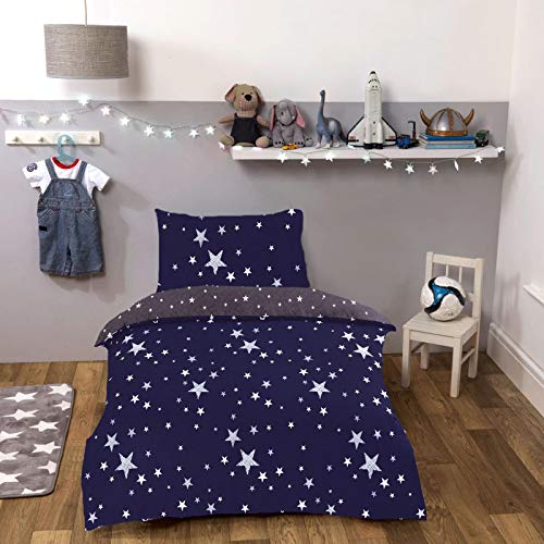 Dreamscene Parure de lit réversible avec Housse de Couette et taie d'oreiller Motif Constellation Bleu Marine Gris Simple