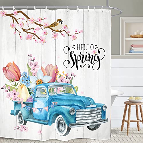 Yookeb Hello Spring Truck Flower Floral Bathroom Shower Curtain Cherry Blossom Birds Nature 60W By 71H Inch Polyester Fabric 12 Plastic Hooks Waterproof Decor #TOP11