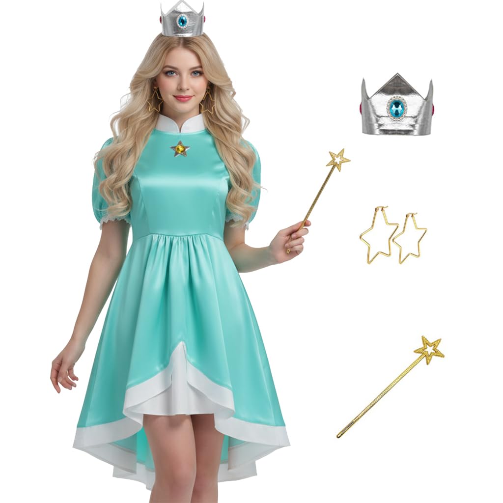 AYYOHON Princess Rosalina Costume Adult Princess Daisy Dress for Women Halloween Cosplay Dress with Crown Earrings Gloves 3XL