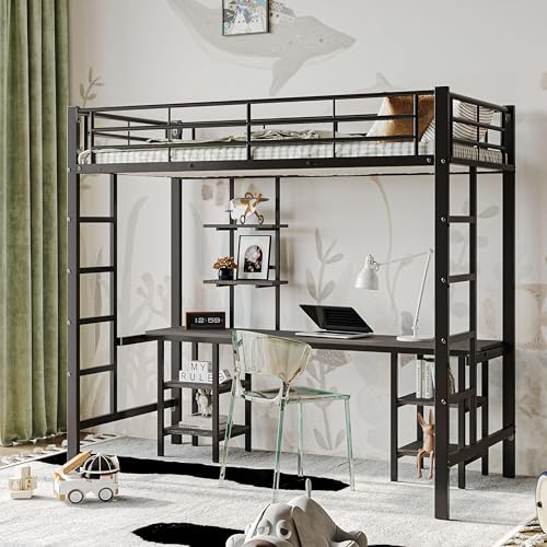 HYUB Cama alta de metal de 90 x 200 cm con escritorio y estanterías, litera con escalera lateral y somier, marco de cama con espacio de almacenamiento y protección anticaídas, color negro