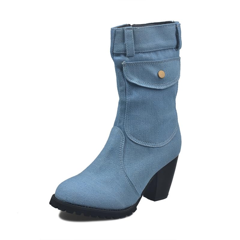 Denim Ankle Boots for Women Pointed Toe Chunky High Heel Jeans Denim Blue Short Mid Calf Booties with