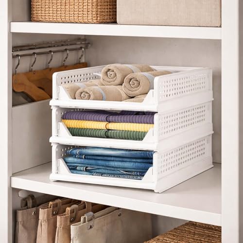 Image of Go Hooked Foldable Wardrobe Organizer with Drawer Style Pull Out Design | Pack of 3 Small (44x34x14.5 cm) Shelf Storage Box | Heavy Duty Plastic Shirt Stacker for Cupboard, Almirah & Closet | White