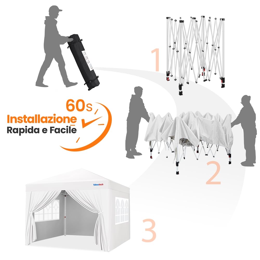 Yaheetech Gazebo da Giardino Tre Altezza Regolabile Tendone Pop-up Pieghevole con Telo Impermeabile con 4 pareti Laterali Tenda Chiuso Festa Esterno Campeggio 3 x 3 M Bianco