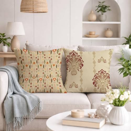 Image of STITCHNEST Set of 2 Royal Damask & Ikat Collection Printed Jute Cushion Covers 16x16 Inches | Ethnic Decorative Throw Pillow Covers for Sofa, Living Room & Bedroom | Premium Home Decor