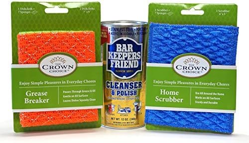 BAR KEEPERS FRIEND Soft Cleanser Liquid (13 OZ) with Non Scratch Scouring Scrubber Kit (5Pcs) | Best Stainless Steel Cleaner with Heavy Duty Non Scratch DishCloth.