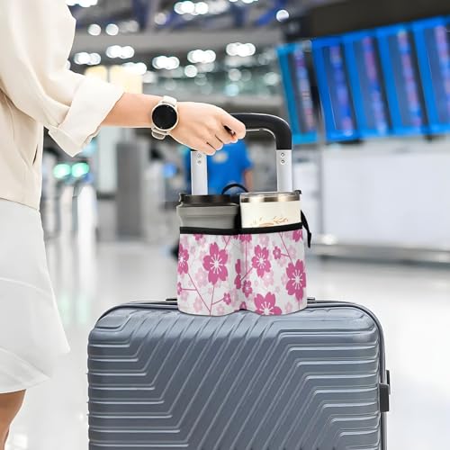 Image of Luggage Cup Holder for Suitcases Free Hands Suitcase Cup Holder Travel Luggage Drink Holder Portable Luggage Cup Caddy Bag Carrier with Handle Cherry Blossom Floral Pink