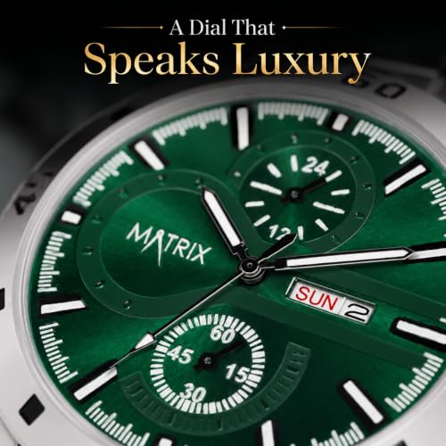 Image of Matrix Superior Analog Watch for Men | Black, Blue, Green & White Dial Stainless Steel Chain Strap Watch | Day & Date Display | Quartz Movement | Stylish Casual & Formal Wrist Watch for Boys & Men