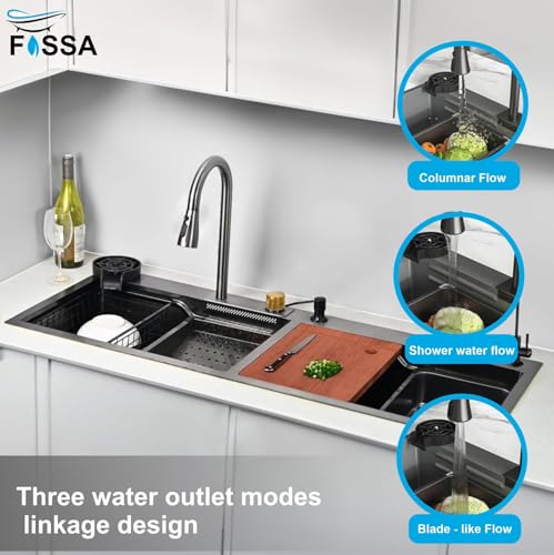 Image of Fossa 47 inchx18 inchx10 inch Inch 5-Year Warranty Double Bowl Waterfall Kitchen Sink Honeycomb Embossed Sink with black Nano Coating, Pure Stainless Steel Sink, faucet with all Accessories.