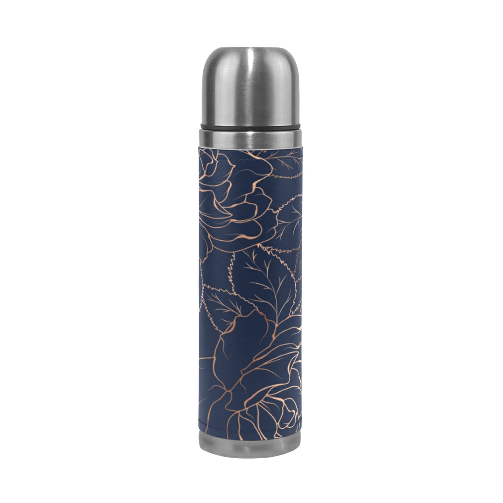 Poeticcity Copper-Gold Shiny Outline Rose Peony Flowers Leaves on Dark Navy Blue Stainless Steel Water Bottle, Double Walled Genuine Leather Cover Holder 17 Oz,Leak-Proof Vacuum Insulated Travel Mug