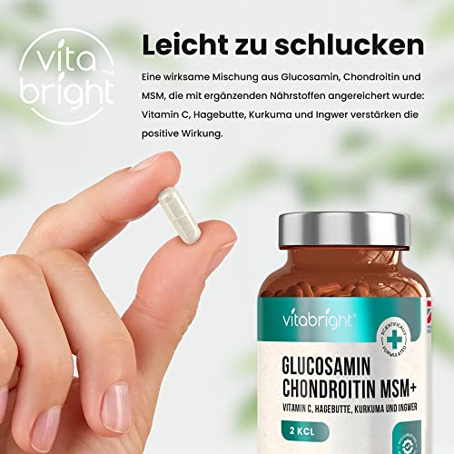 Glucosamin Chondroitin MSM Hochdosiert | 180 Kapseln | 3 Monate Vorrat | Kollagenbildung für Knochen & Knorpelfunktion | Mit Kurkuma, Ingwer & Hagebutte | VitaBright