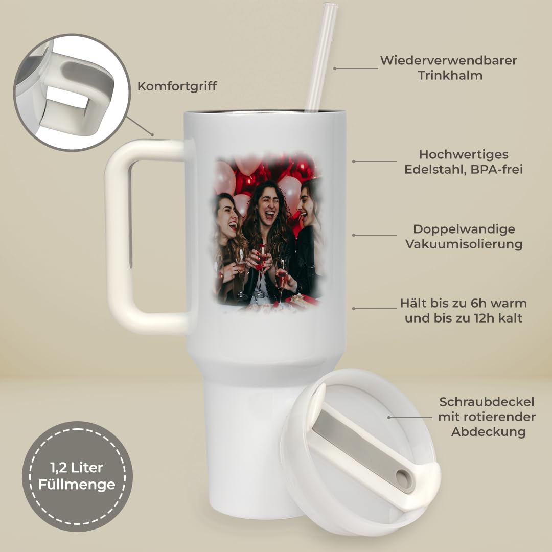 Thermobecher 1,2L personalisiert mit Strohhalm & Griff – Großer Edelstahl Kaffeebecher To Go, Isolierbecher mit Deckel, Mehrweg Trinkbecher für unterwegs, Becher mit Text und Foto personalisierbar