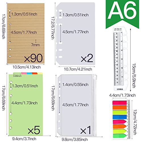 FANDAMEI Linierte Kraftpapiere Papier Nachfüllpapiere Set, 6 Löcher Craft Paper A6 Nachfüllbare Notizpapier 90 Blätter, 7 Stk. Trennblätter, 320 Stk. Haftnotizen, 15 CM Lineal, 1 Stk. Umschlägbeutel
