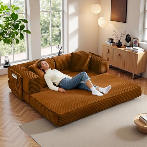 Image of Boneless Couch Futon Sofa Bed Sectional Couches for Living Room,Cloud Couch with Sleeper Sofa,Sofas for Living Room Oversized Corduroy Upholstered (Orange, 81 Inches (with Iron Frame))