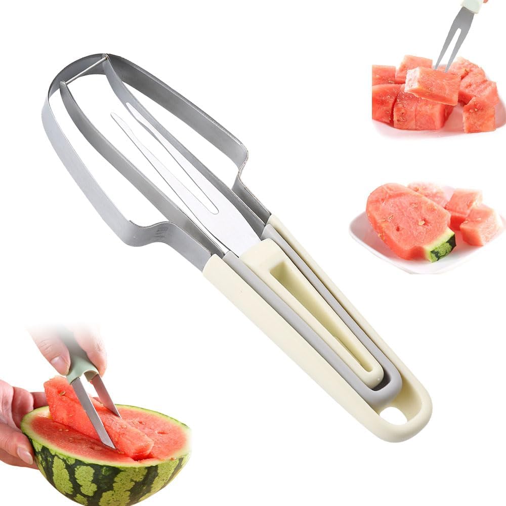 3-in-1 Watermelon Fork Slicer Cutter, 2024 New Stainless Steel Watermelon Popsicle Cutter Slicer Tool, Quickly Watermelon Fork Fruit Cutting Tool Fruit Cutters for Camping Kitchen Gadgets (Beige)