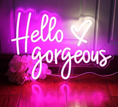 DAKABUKA Hello Gorgeous Neon Signs Pink LED Light Hello Beautiful Wall Art Gift for Home Decoration Wedding Birthday Backdrop Bacelorette Party Wth Dimmable Switch(5V,16.5X11inches)