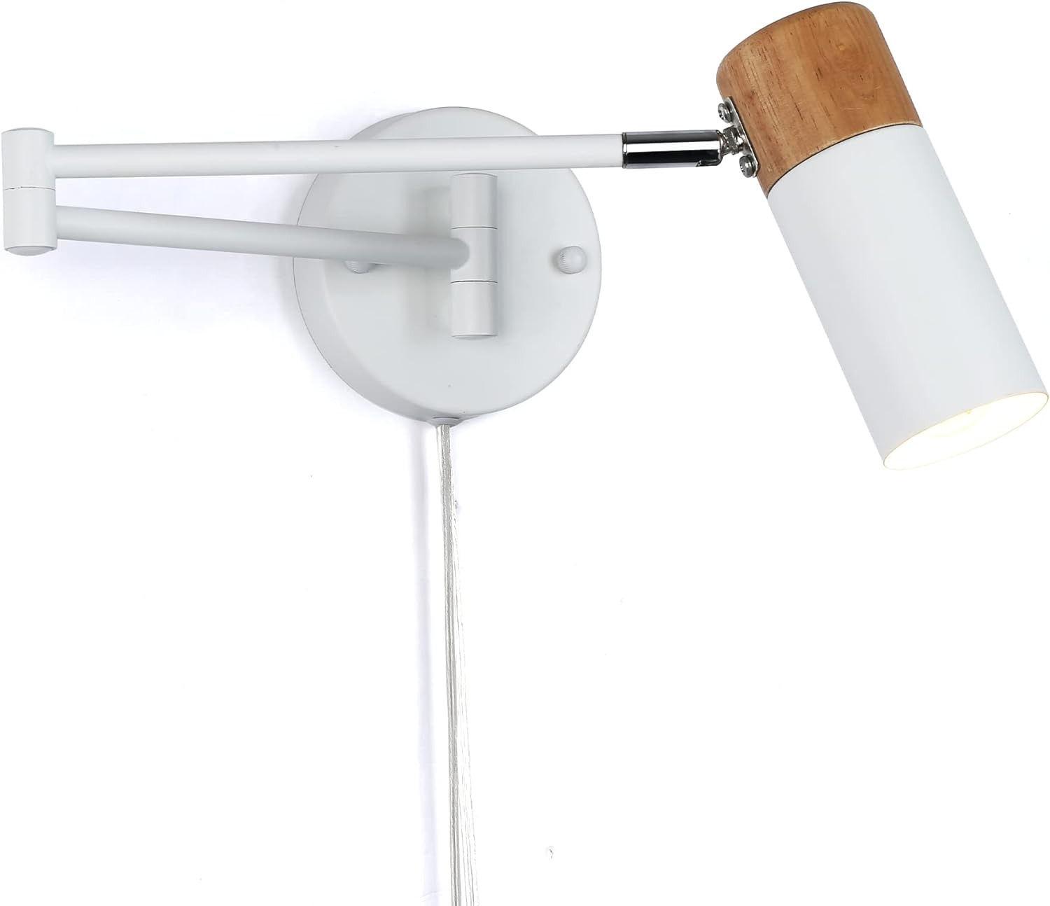 Industrial Swing Arm Wall Lamp Sconce with Plug in Cord, Modern White Finish with Wood Head, E26 LED Wall Lights Adjustable Fixtures for Bedroom Bedside Rotation Reading Lamp Spotlight