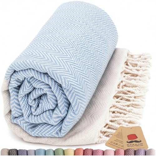 Bazaar Anatolia Beach Towel, 100% Cotton, 71x39 in, Herringbone Light Blue