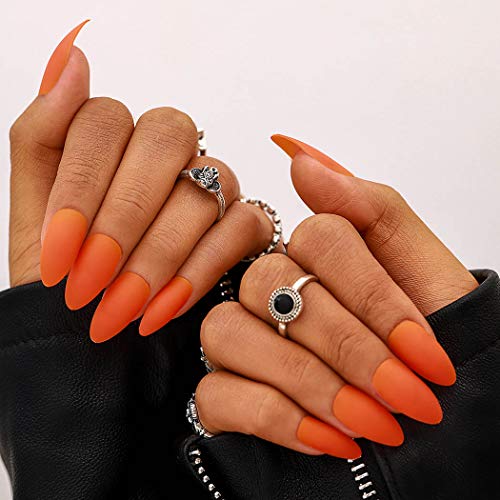 Campsis Matte False Nails Sharp Fake Nails Full Cover Nails Art Tips Set for Women and Girls 24PCS (Orange)
