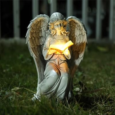 Ovewios Angel Statue Outdoor Decor, Elegant Angel Garden Statues Reading Book with Solar LED Lights Yard Decorations Lawn Ornaments Figurines Resin Sculpture for Outside, Angel Gardening Gifts