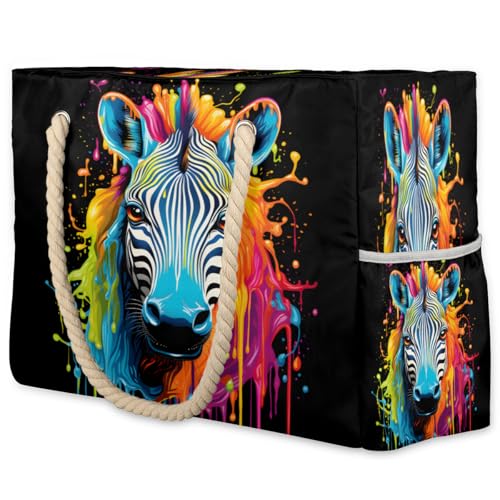 Cool Zebra Face Large Beach Bag Waterproof Beach Bag for Women Oversized Sandproof Beach Tote Bag with Zipper for Gym Travel Daily Pool Bag Big Tote
