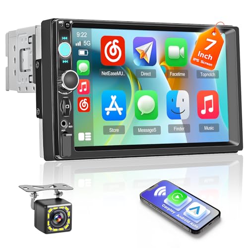 Hikity Autoradio 1 DIN 7' HD Pantalla Táctil Compatible con Apple CarPlay Android Auto, con Soporte para Mirror Link/Control en el Volante HD Cámara de Retroceso AUX EQ