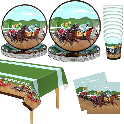 Yungyan 97 Pcs Horse Racing Party Supplies Horse Birthday Tableware Plates Napkins Cups Tablecloth Set for Derby Day Cowboy Theme Western Boy Party Decorations Serves 24